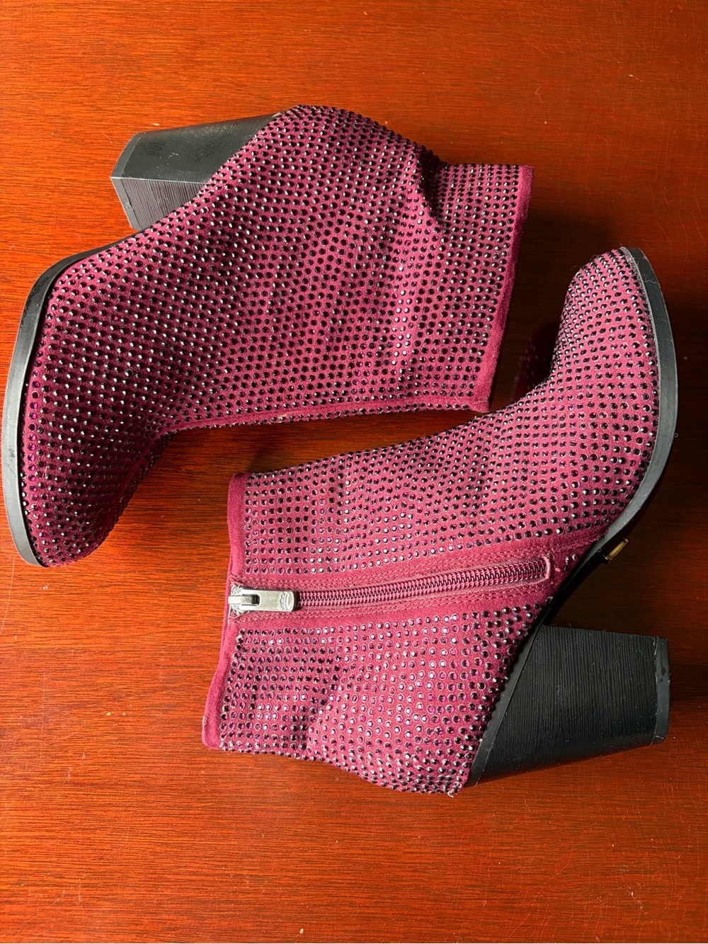 Juicy Couture Burgundy Rhinestone Block Heel Ankle Boots 5.5